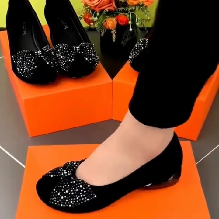 蝴蝶结水钻女士单鞋女2025春夏新款透气圆头低跟浅口透气妈妈鞋