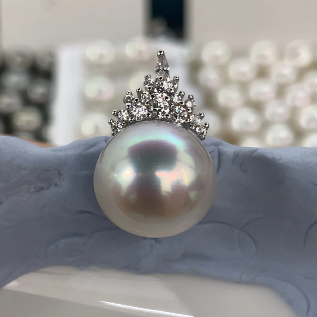定制海水珍珠银S925镶嵌吊坠(不含链)澳白宝石光13.3mm