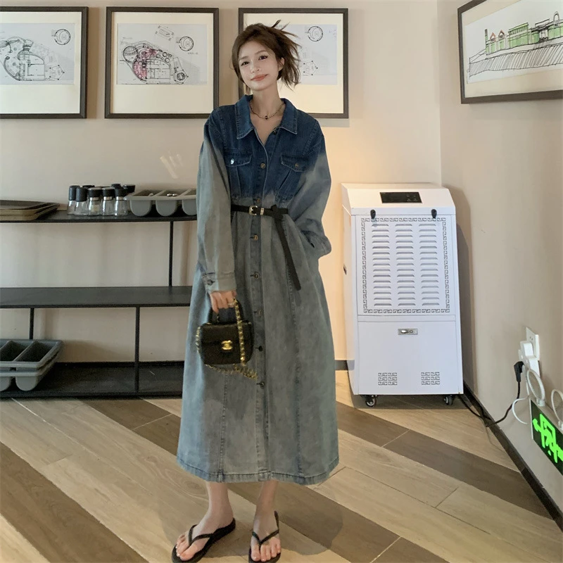 2025春秋季新款大码胖M扎染渐变牛仔连衣裙慵懒风遮肉显瘦长款裙