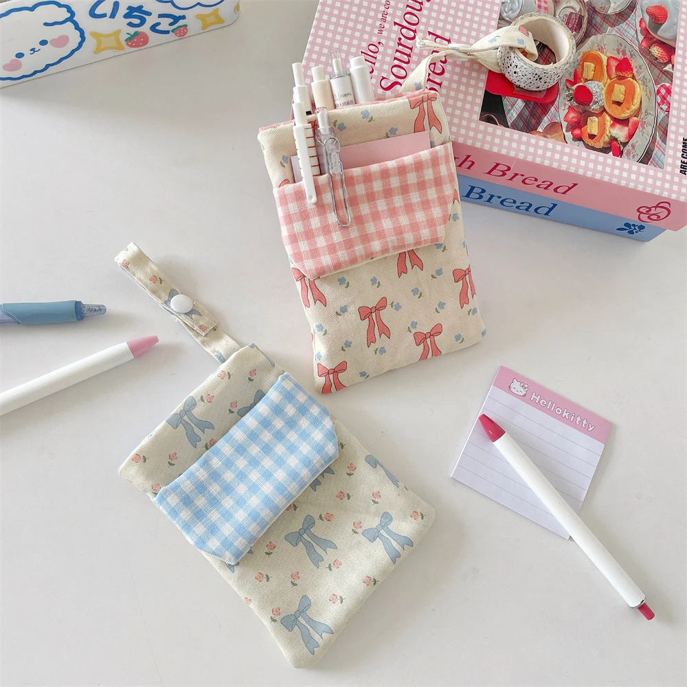 印花蝴蝶结笔袋插口袋大容量学生礼物笔套收纳笔夹多用途护士笔袋