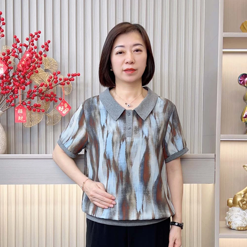 2025夏季新款中老年妈妈装洋气百搭减龄显瘦气质翻领短袖t恤上衣