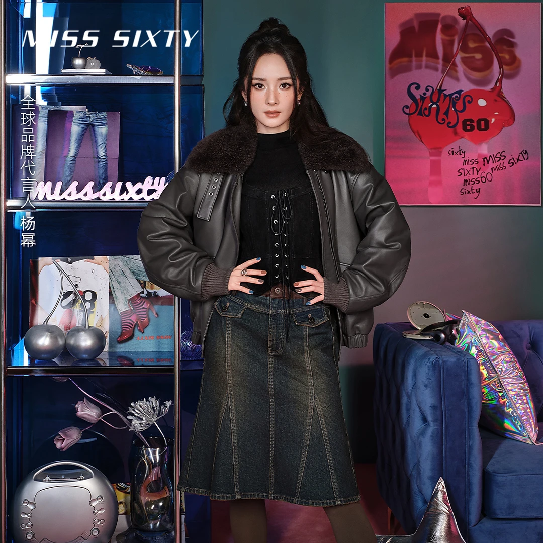 【杨幂同款】Miss Sixty2025冬季新款牛仔中裙女复古拼接半身裙