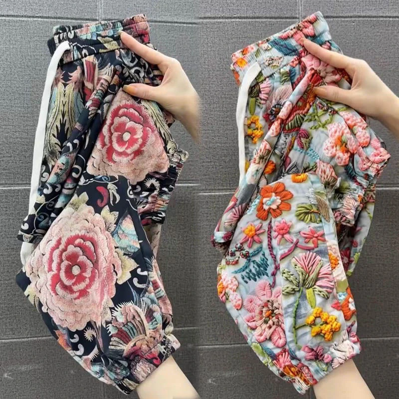 夏季新款女裤薄款高腰宽松哈伦裤休闲九分裤显瘦透气冰丝裤子