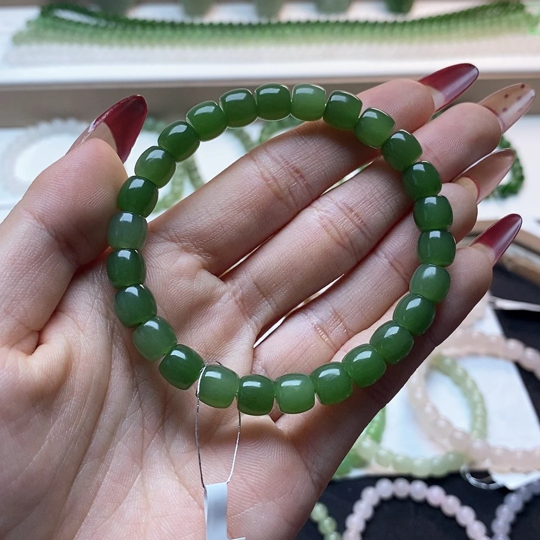 和田玉手链未镶嵌菠菜绿卡7.5