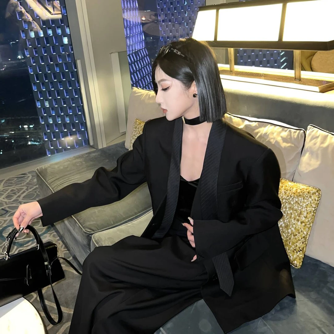 邓蕾婷【黑纹飘带】气质长袖时尚休闲黑色宽松设计感百搭西装