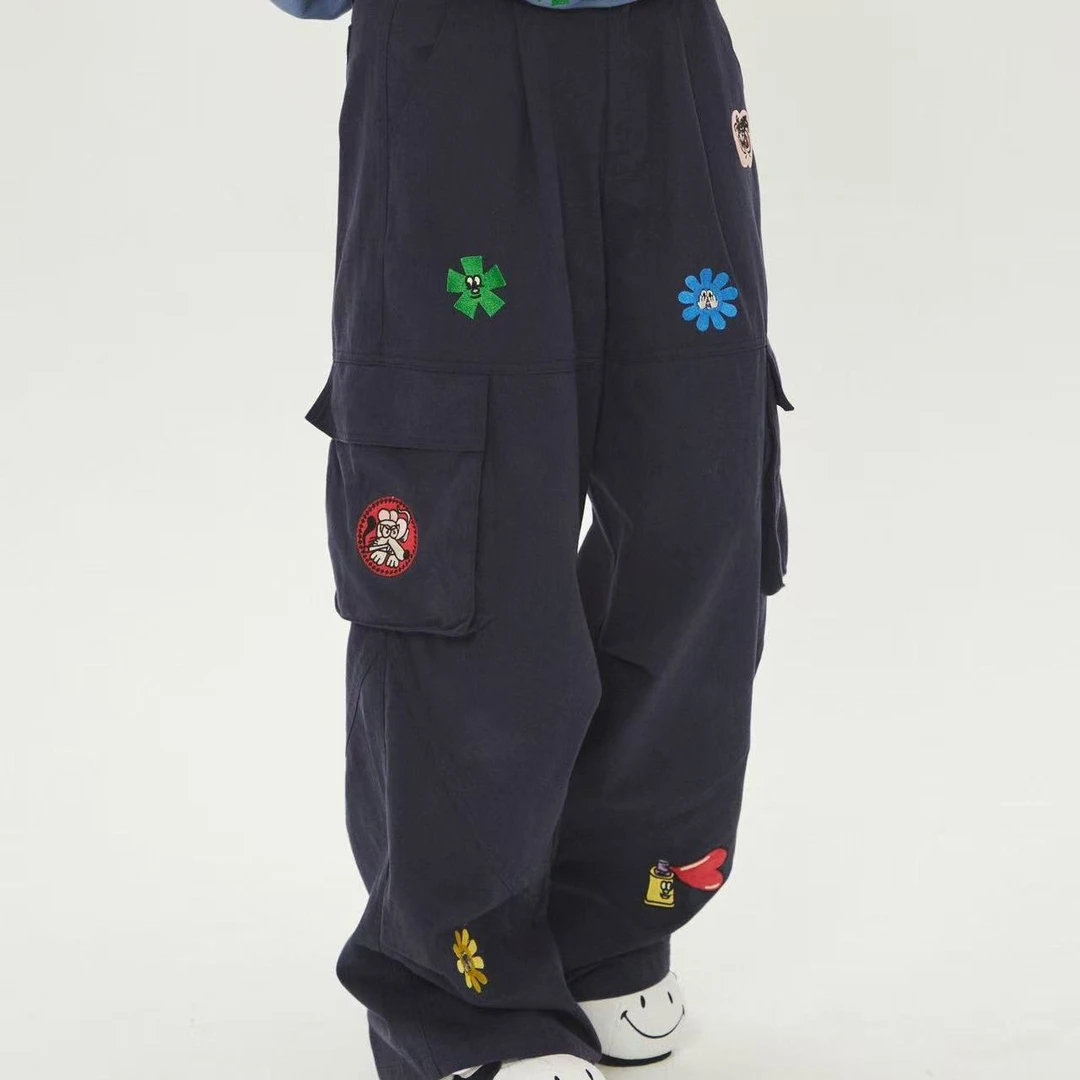 Robootoo原创插画可爱童趣小众刺绣宽松显瘦百搭全棉工装休闲裤秋
