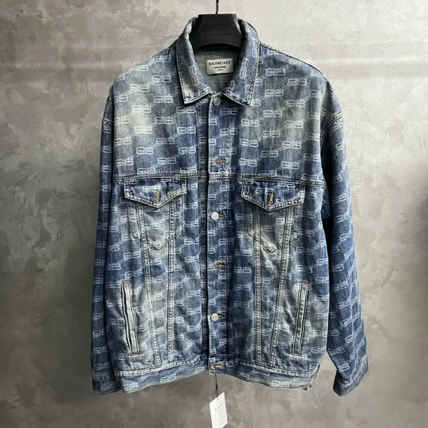未使用 Balenciaga/巴黎世家 蓝色logo满印单排扣牛仔外套/S/L