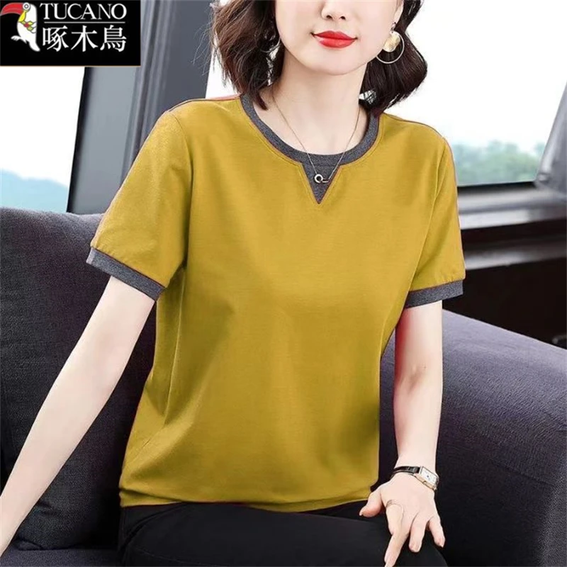 啄木鸟正品气质短袖夏季百搭T恤ins2025年新款休闲圆领拼色上衣女
