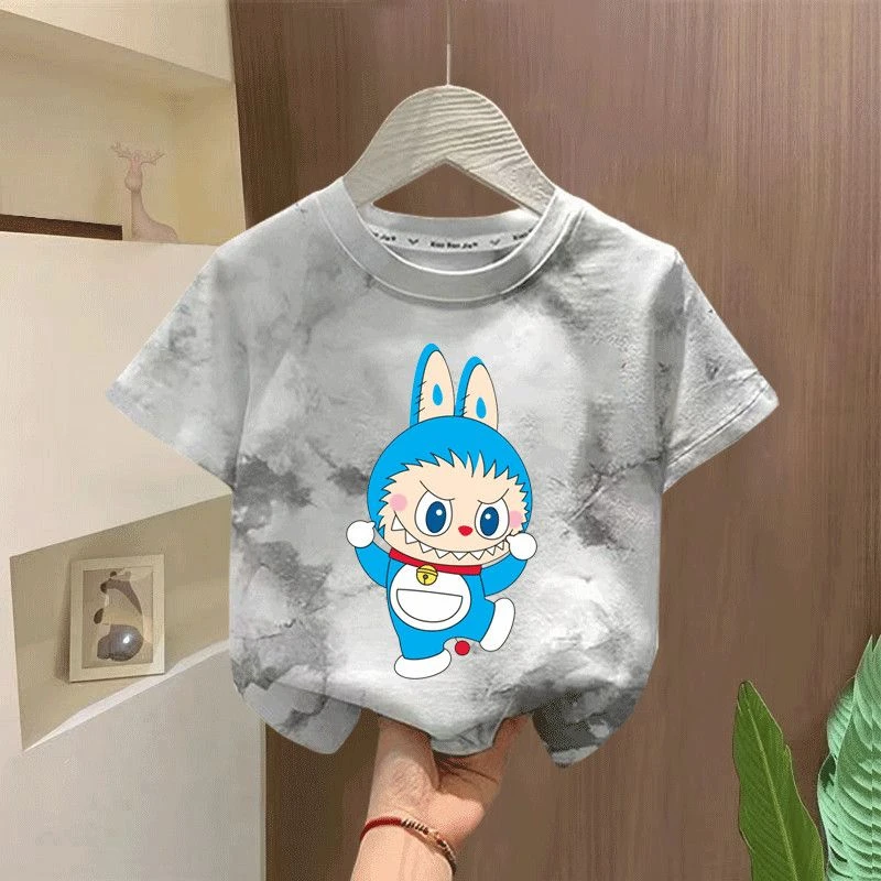 拉布布夏季新款扎染螺纹纯棉短袖T恤儿童宝宝外穿百搭卡通上衣潮t