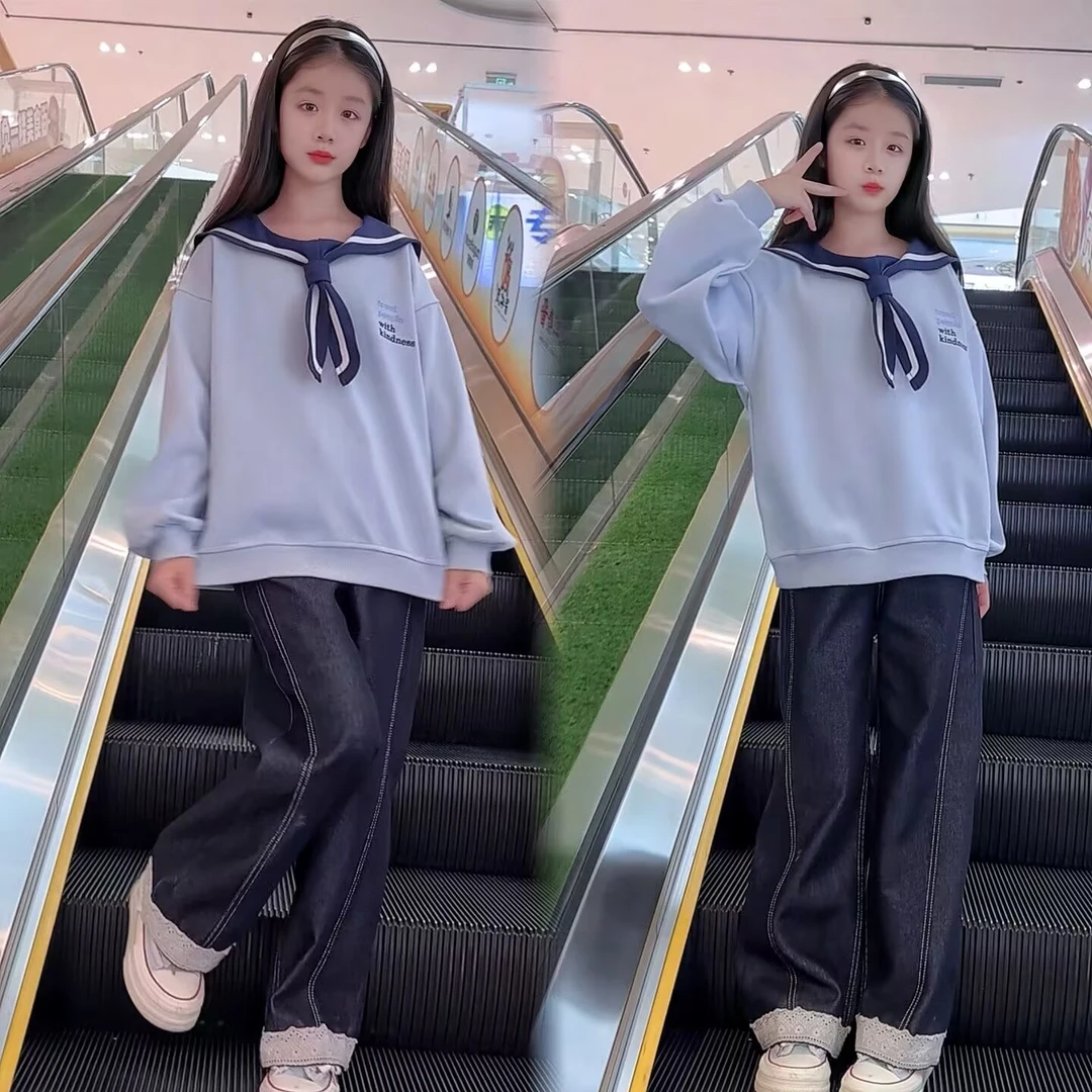 女童海军领卫衣蕾丝裤脚牛仔裤套装儿童春秋中大童休闲学院风套头