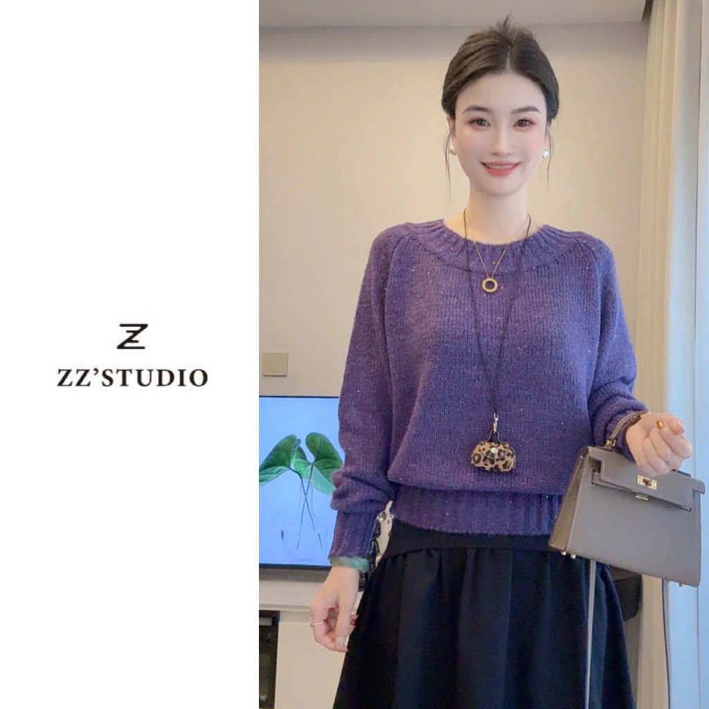 郑郑定制#秋冬新款琥珀流光风绵羊毛休闲百搭圆领显瘦针织衫女040
