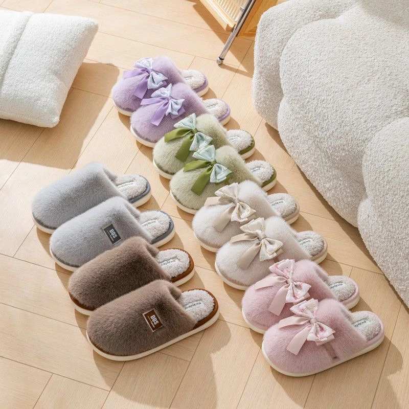 秋冬居家室内毛毛拖鞋国风蝴蝶结毛绒舒适月子保暖情侣男女