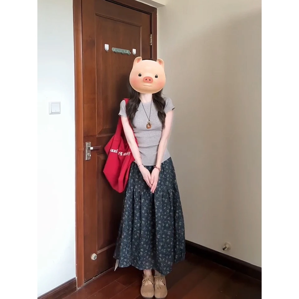 针织打底修身显瘦碎花半身裙女夏高腰显瘦a字裙中长裙一套套