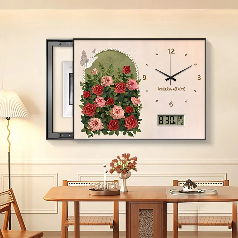法式复古电表箱装饰画带钟表玫瑰花卉中古餐厅挂钟万年历遮挡挂画