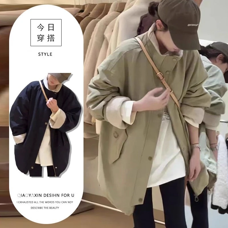 韩系立领加绒加厚外套女冬季2025新款宽松显瘦中长款派克服上衣潮