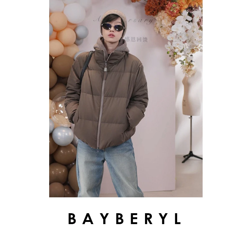 锁-BAYBERYL老贝BC咖钉珠针织连帽假两件百搭秋羽绒服YRF5E2653