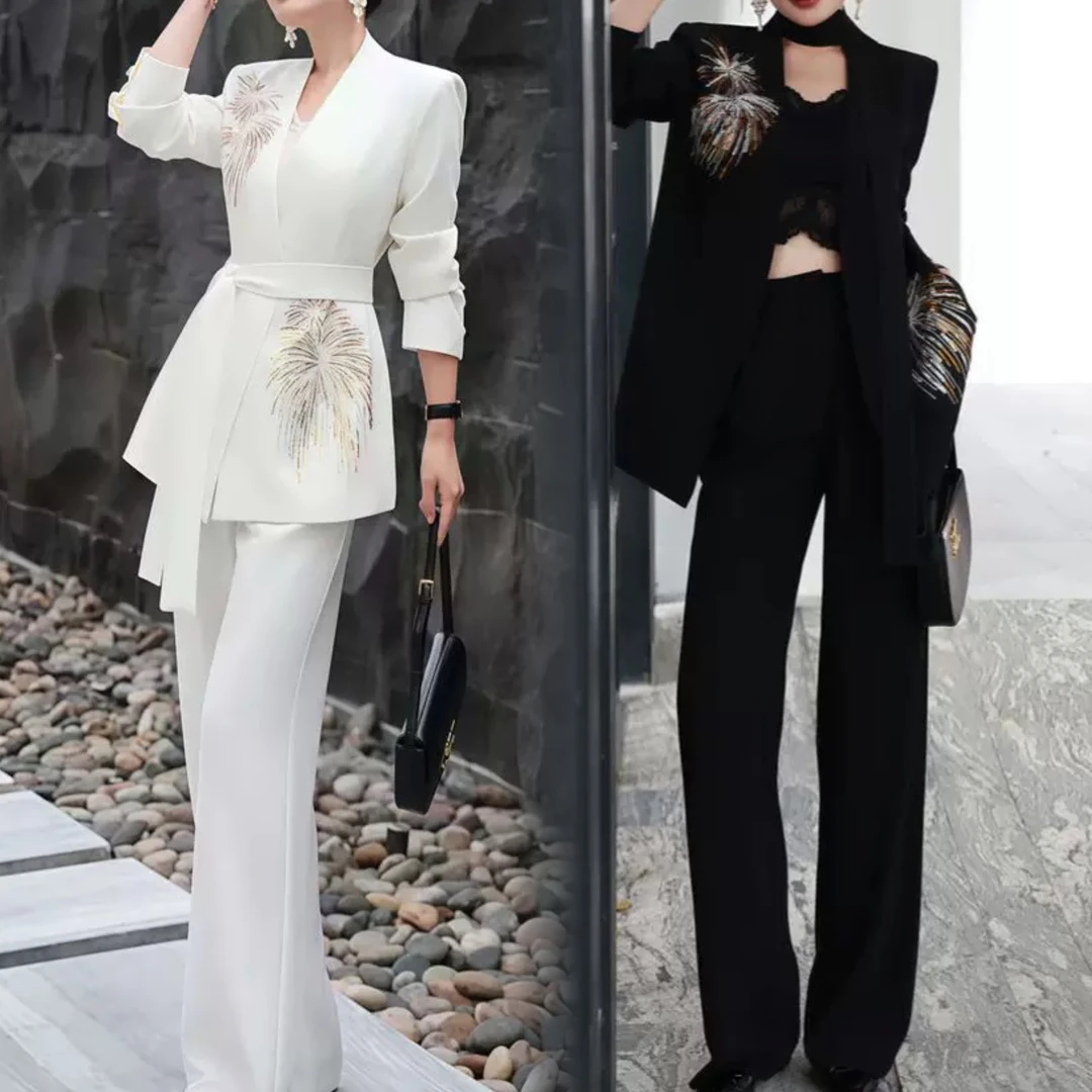 2025年早春网红新款时尚高端欧货气质优雅V领烟花外套+裤子套装女