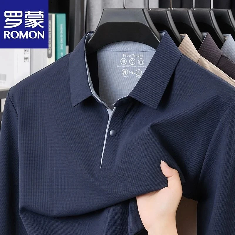 罗蒙秋季磨毛无痕长袖polo衫男士休闲中年商务爸爸装纯色t恤男装