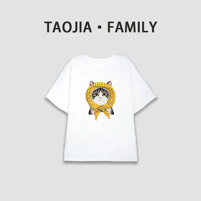 TAOJIA FAMILY【头巾喵t】大码圆领短袖夏季宽松T恤猫咪卡通LW0011