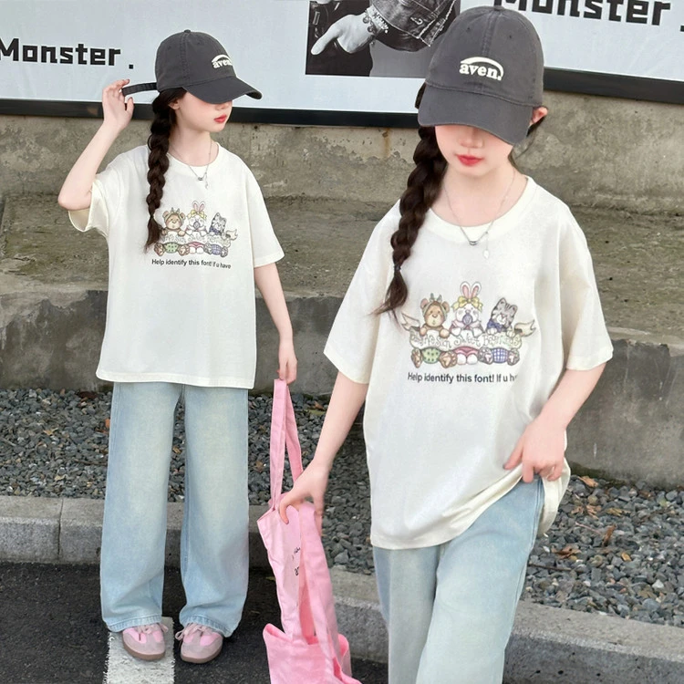 女童夏装套装2025新款女大童儿童短袖T恤阔腿裤牛仔裤夏季两件套