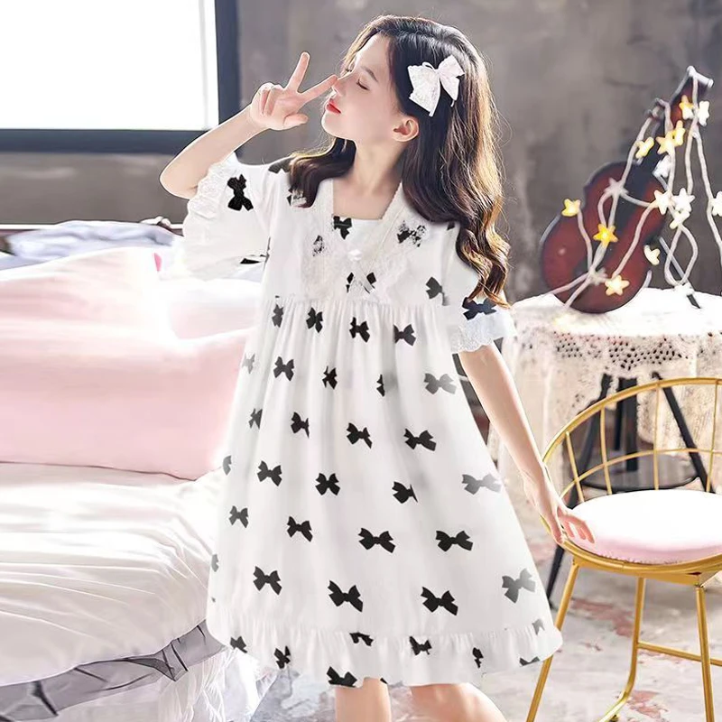 儿童夏季短袖睡衣可外穿冰丝中大童小女孩亲子家居裙子