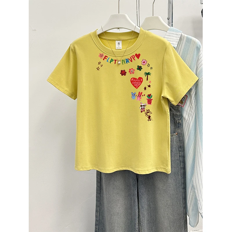 韩版洋气印花短袖t恤女夏季新款设计感圆领正肩显瘦时尚休闲上衣