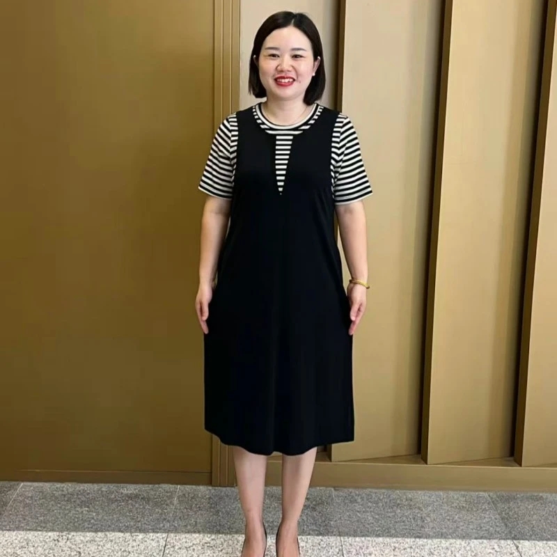 夏季新款拼接假两件宽松显瘦时尚减龄气质连衣裙