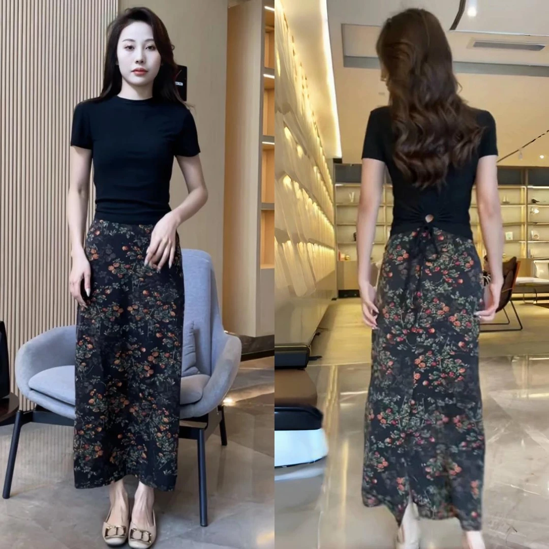 法式超好看高级时尚碎花半身裙女夏季高腰遮跨显瘦印花开叉包臂裙