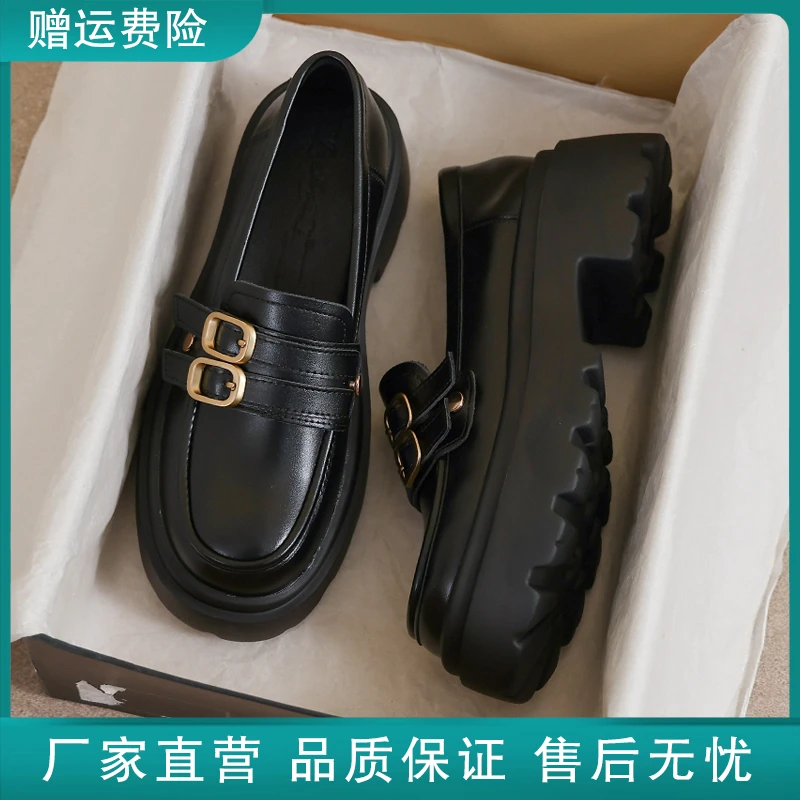 真皮小皮鞋女2025新款春秋冬英伦风黑色增高乐福34码豆豆厚底鞋子