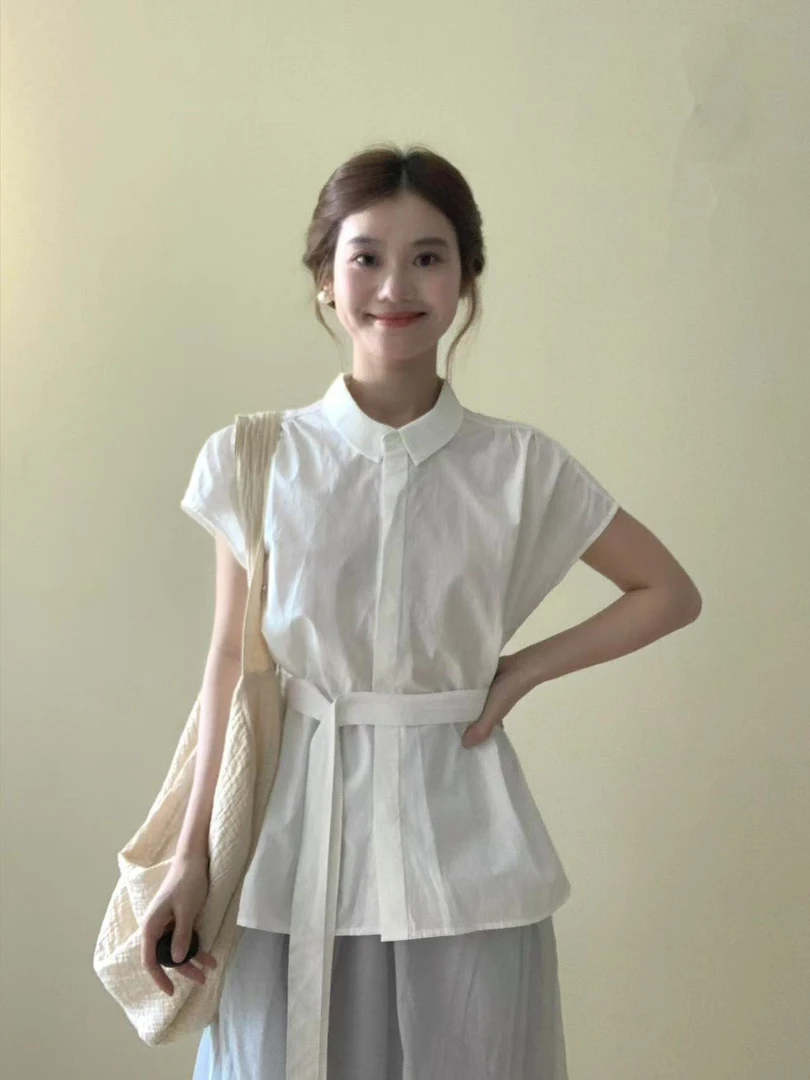 【温柔女孩】韩系时尚气质白色衬衫上衣收腰显瘦高腰松紧纱纱半裙女