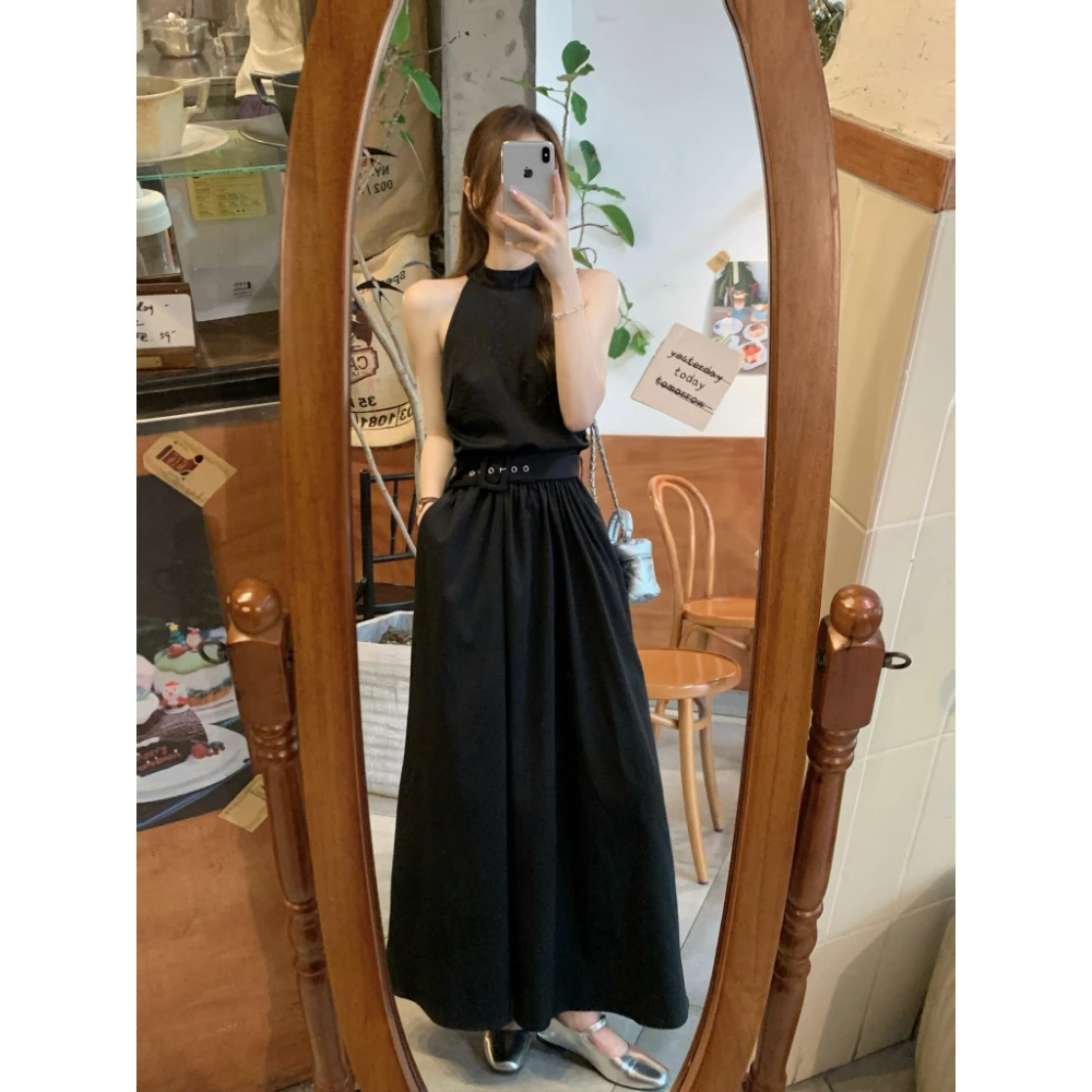 黑色法式立领套头无袖收腰显瘦长款A字挂脖背心连衣裙