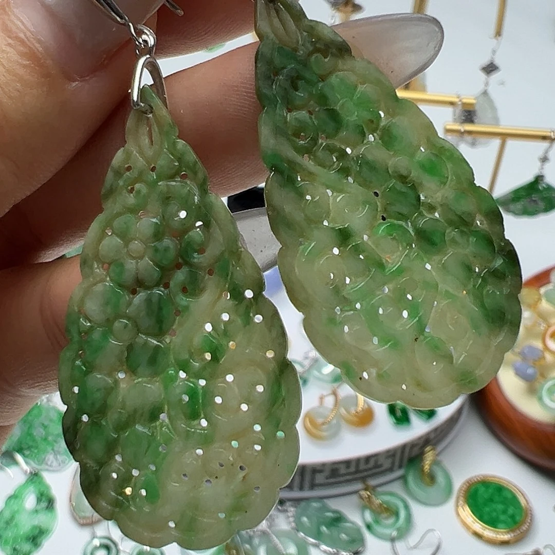 翡翠银S925镶嵌耳饰天然缅甸A货翡翠
