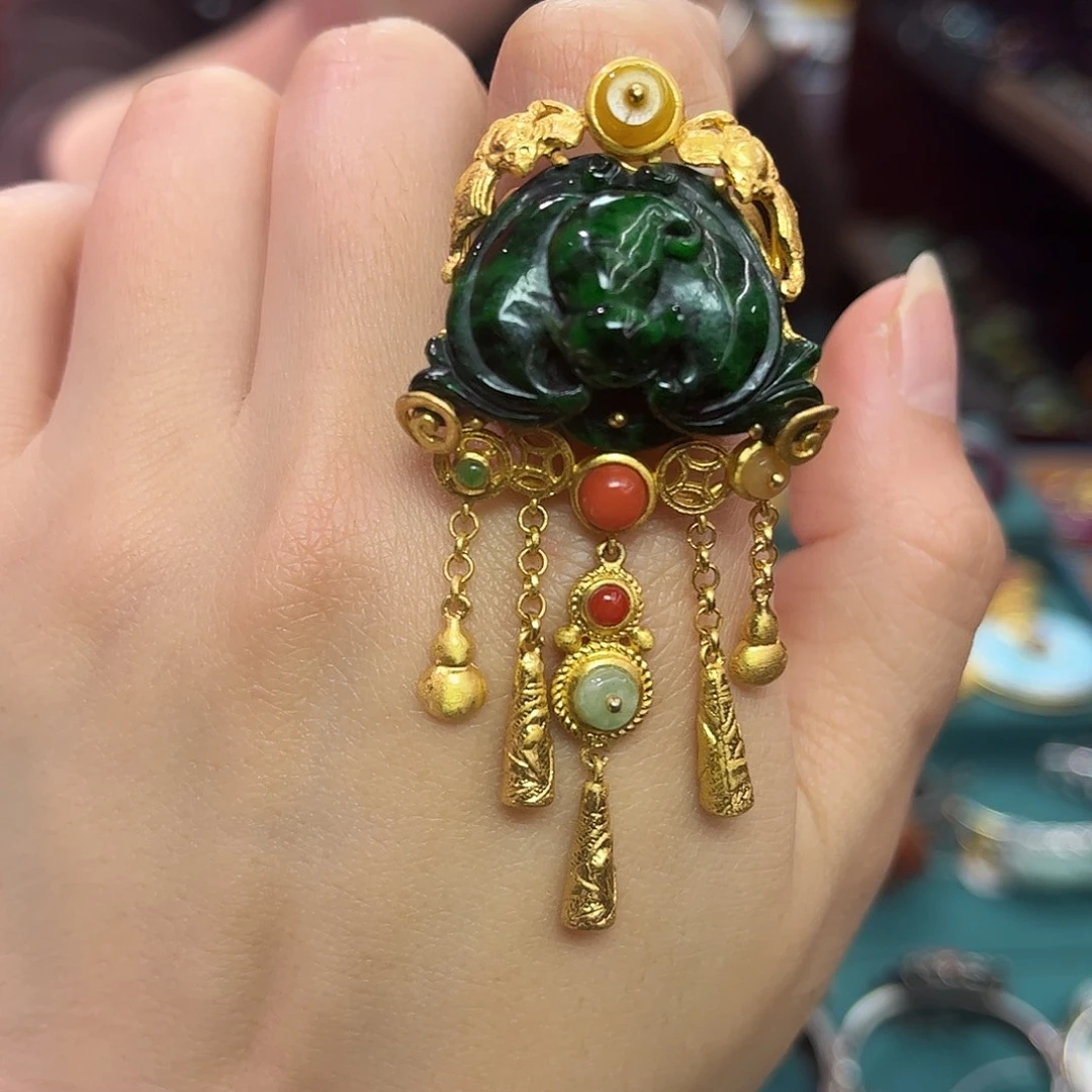 翡翠银S925镀金镶嵌戒指