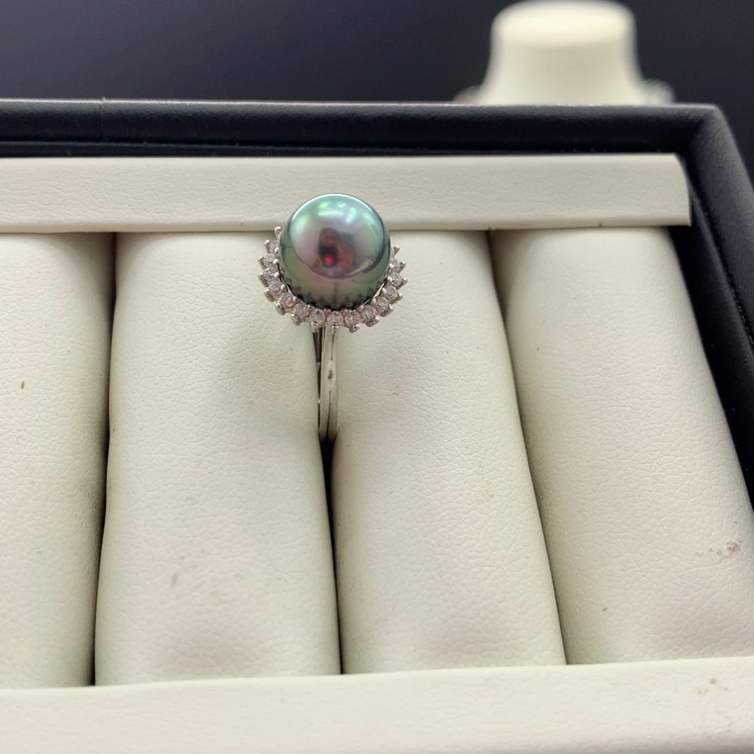 定制海水珍珠裸珠未镶嵌孔雀绿戒指10.3mm