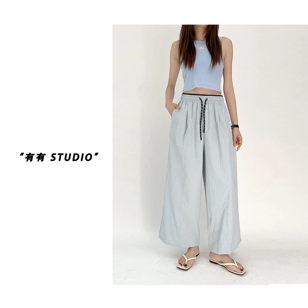 「撞色腰阔腿裤」韩系！立体中缝拼接显瘦女士空调休闲裤