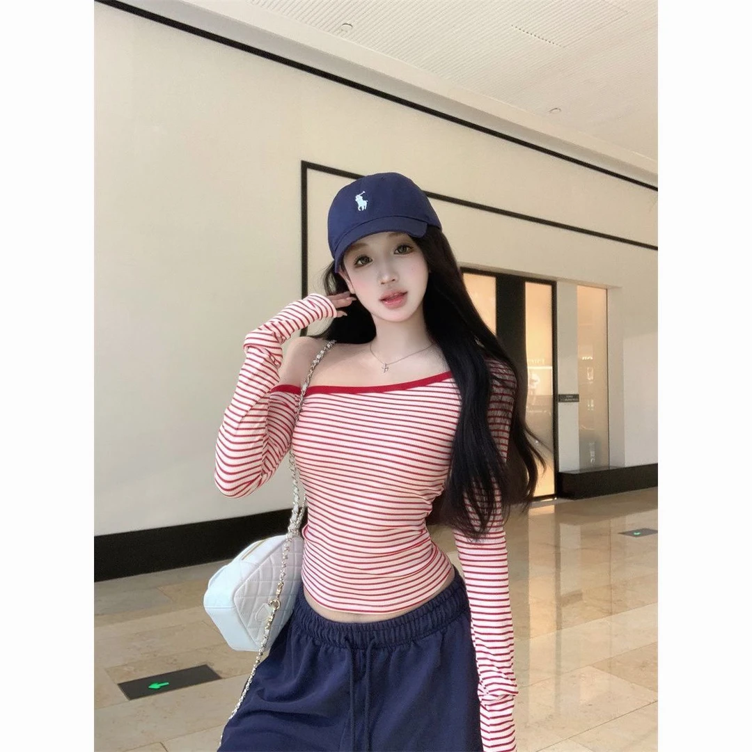 小众抗皱撞色长袖露肩设计感女T