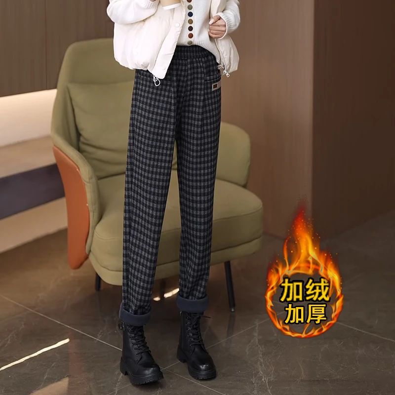 加绒毛呢哈伦裤女高腰弹力休闲裤宽松大码直筒妈妈裤格子女裤