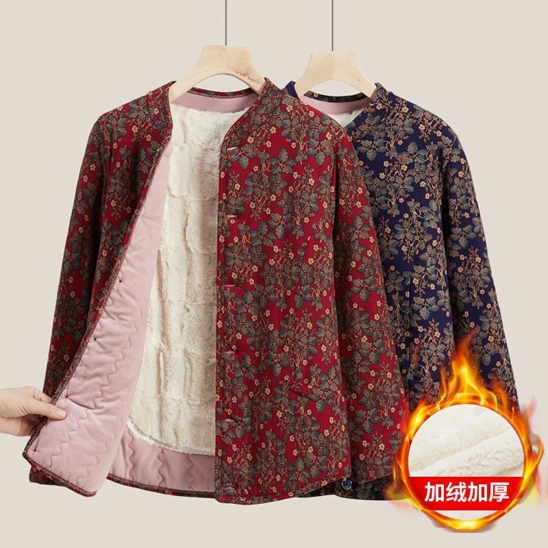 中老年棉服女妈妈装冬季加绒保暖棉衣加厚棉袄后背老年女装妈妈装