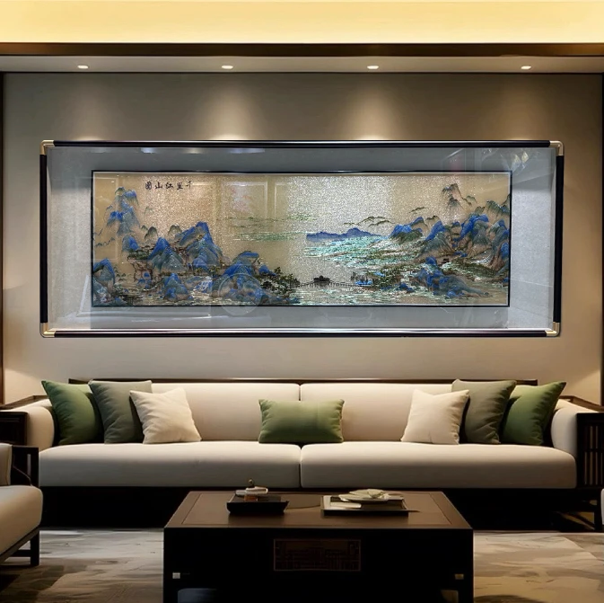 珠光绣《千里江山》新中式客厅沙发办公背景挂画