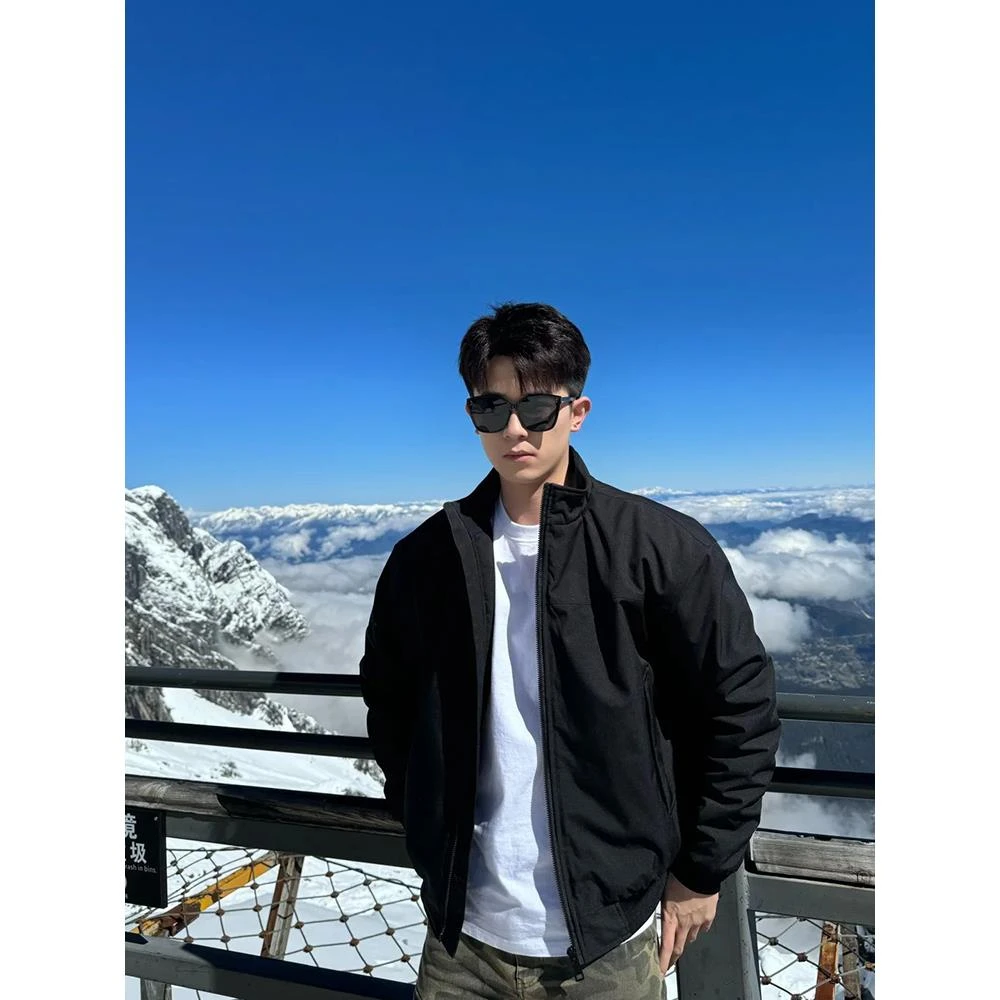 黑色飞行教练夹克男春秋款工装美式痞帅高级感外套立领短款棒球服