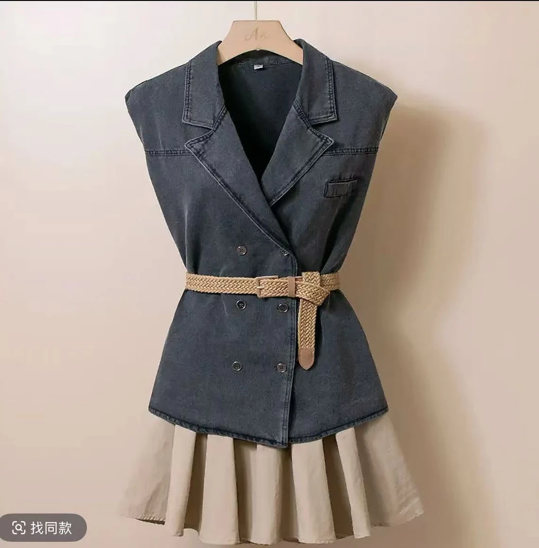 602西装领牛仔马甲时尚套装女2025新款小个子洋气收腰显瘦两件套