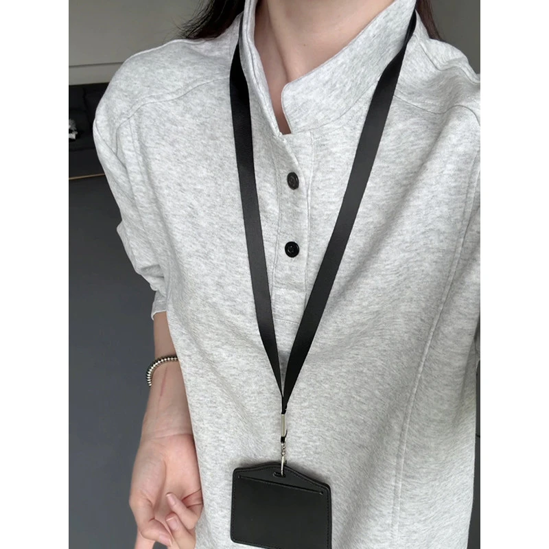 白灰色亨利领正肩长袖t恤男秋季美式解构拼接重磅卫衣立领打底衫