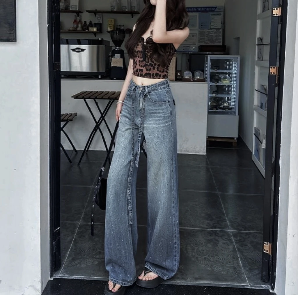 【运费险+腰带】满天星渐变色烫钻冬季新款休闲宽松阔腿女牛仔裤555