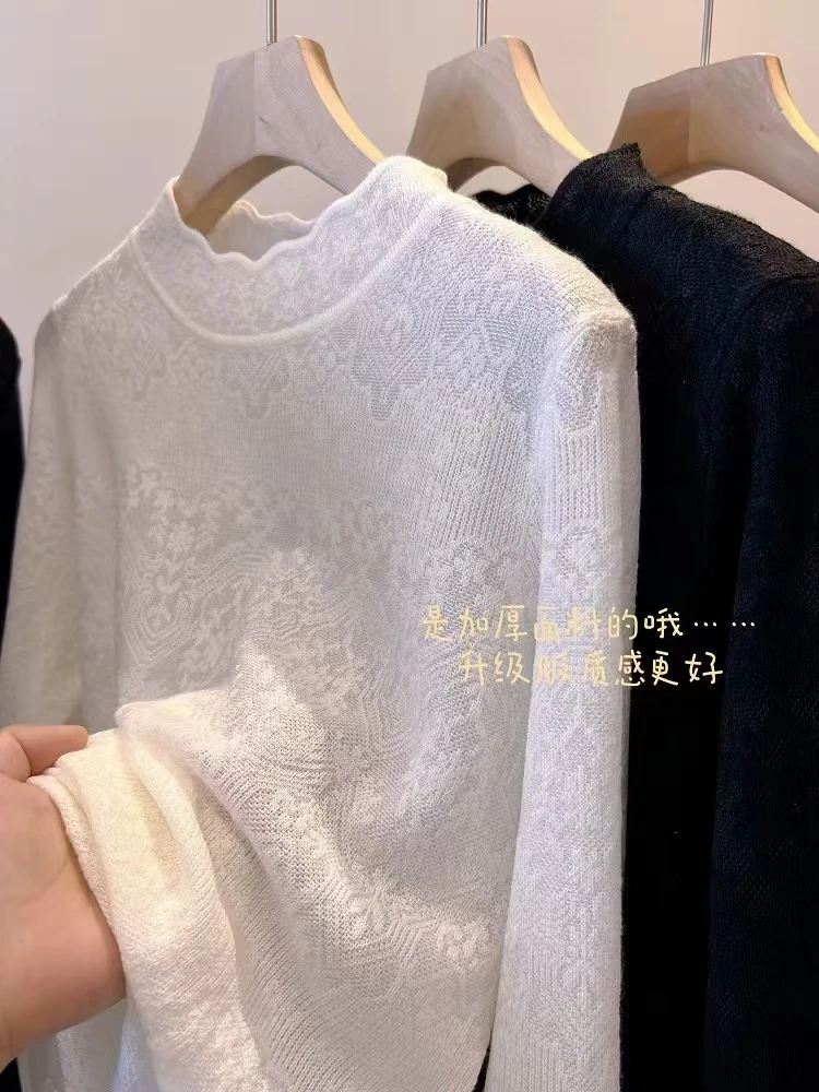 【左耳与麻】加厚蕾丝半高领桑蚕丝羊毛花边内搭套头上衣女HY8706