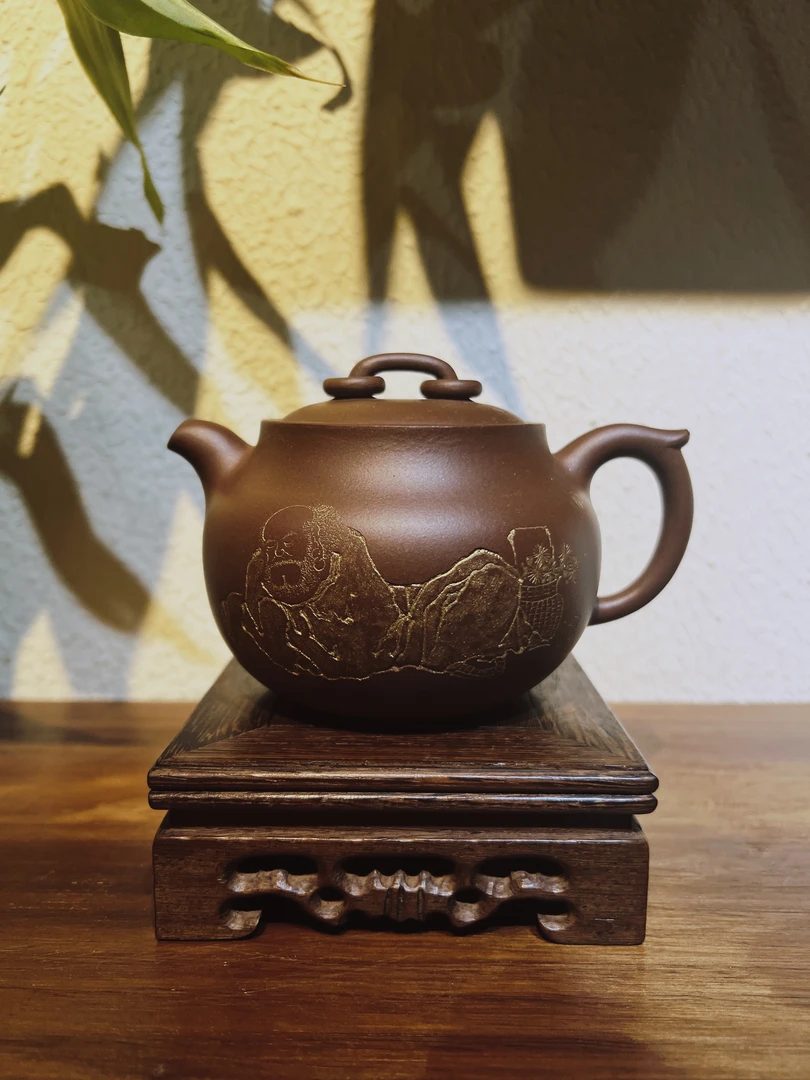 【朱泥清说·禅钟】深井老紫泥刻绘全手作品260cc