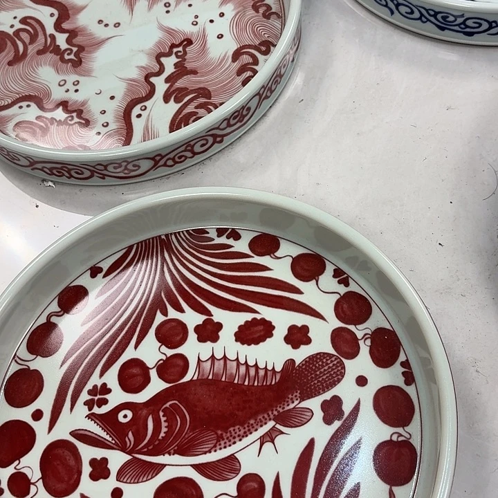 瓷片釉里红鱼藻干泡台微瑕