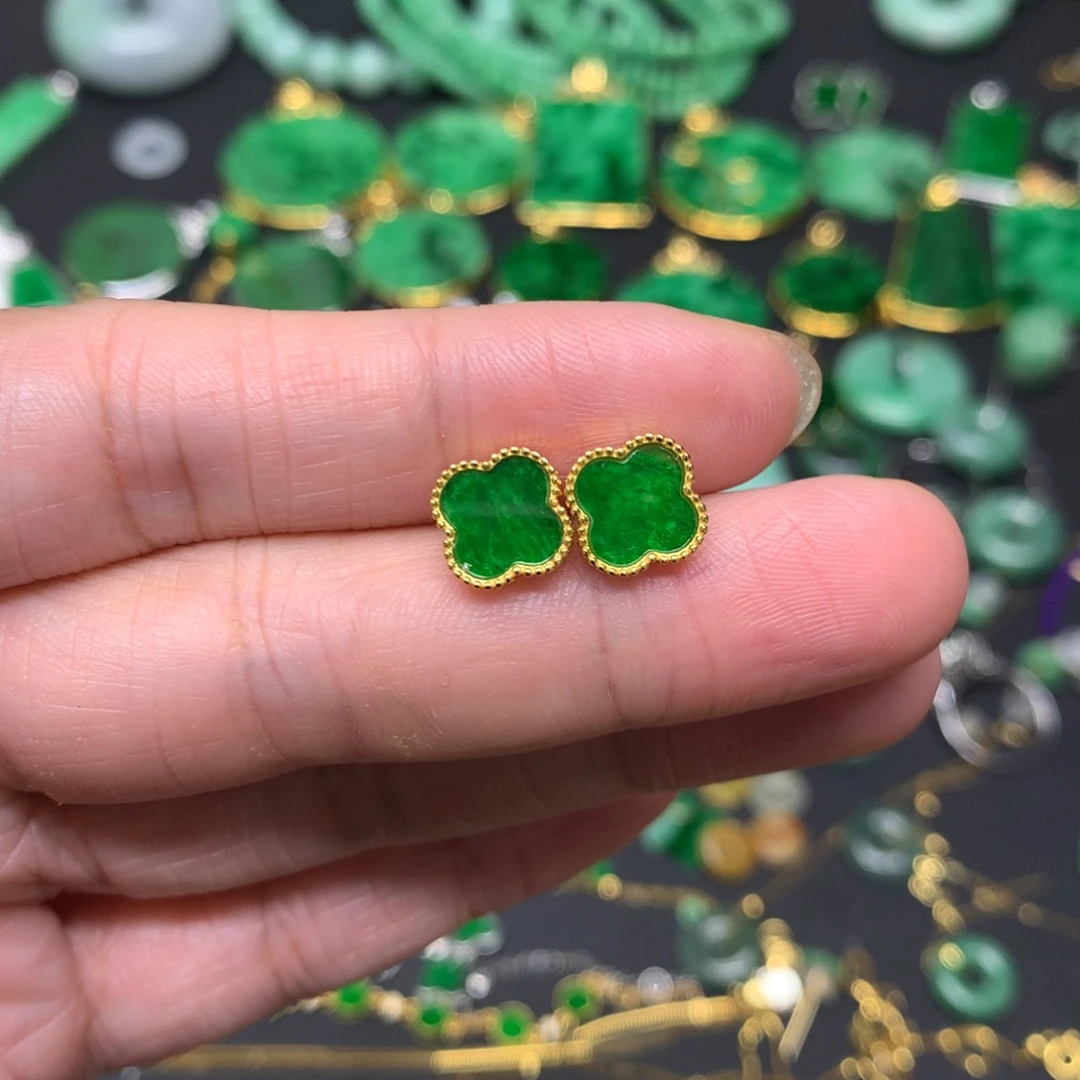 翡翠银S925镶嵌耳饰有纹裂