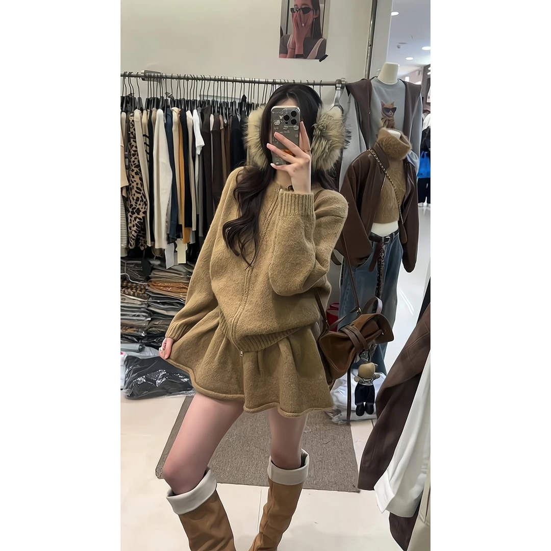 2025秋冬新款毛衣开衫韩系慵懒风休闲软糯针织套装女高腰半身裙