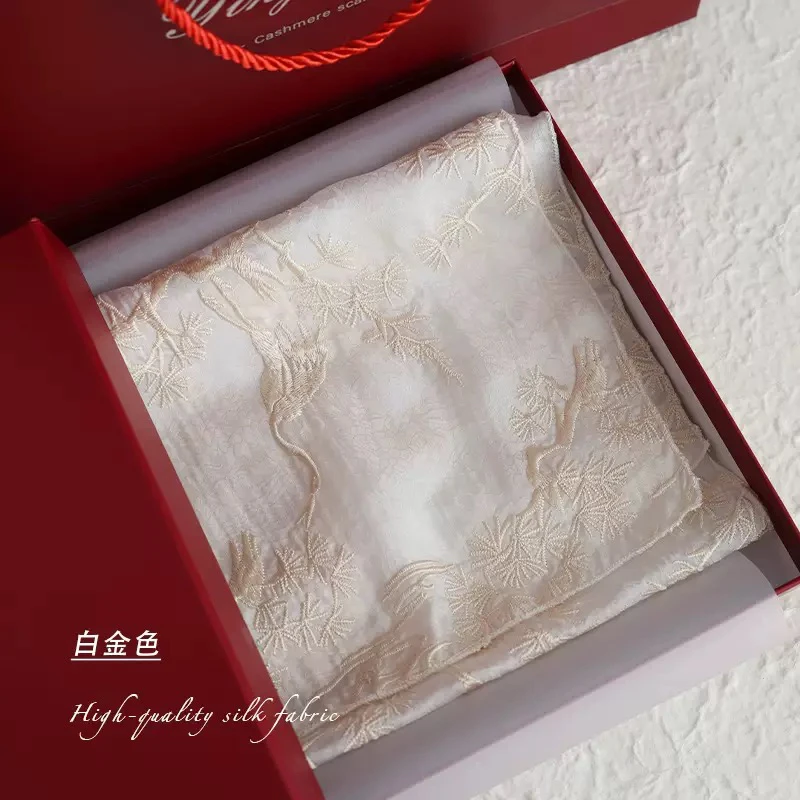 母亲节礼物云中鹤行丨仙鹤刺绣桑蚕丝长条丝巾薄款围巾春夏女礼盒