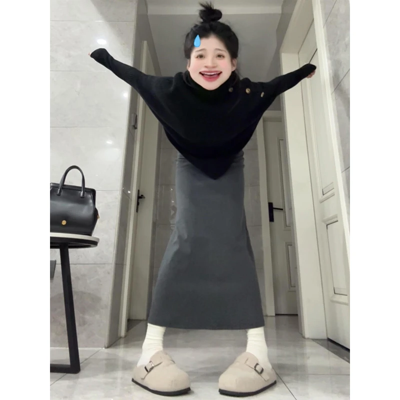 parkyeon法式轻熟风高领不规则针织毛衣女秋季高腰包臀长裙套装